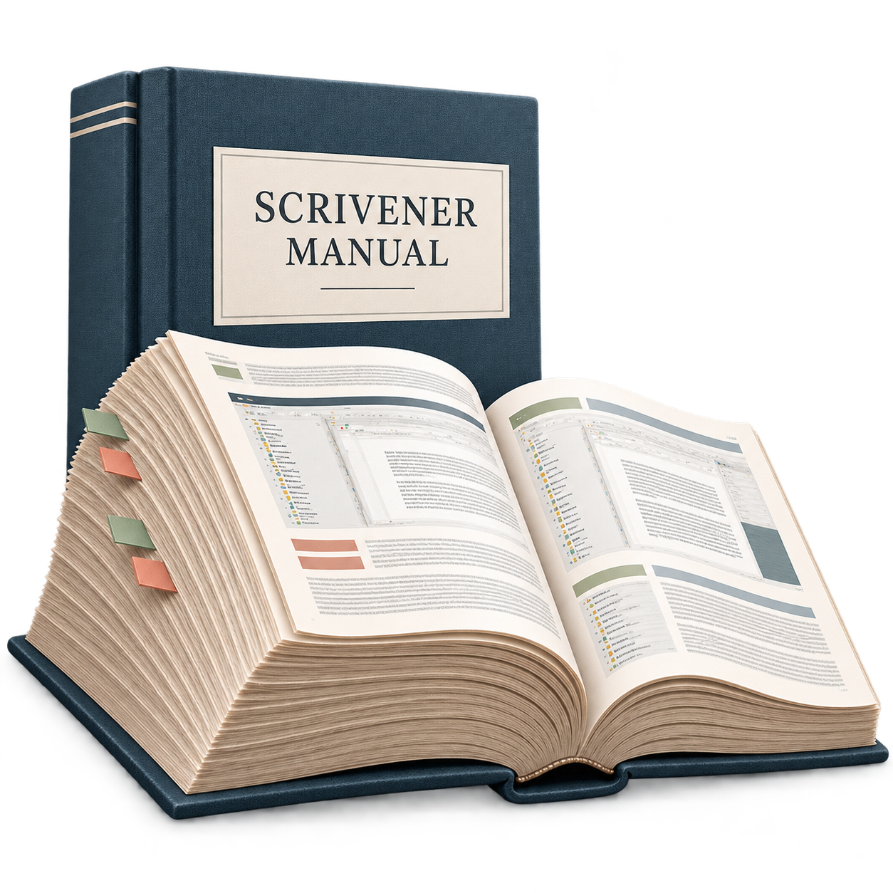 A very thick open Scrivener manual with a slate blue hardcover and colored bookmarks