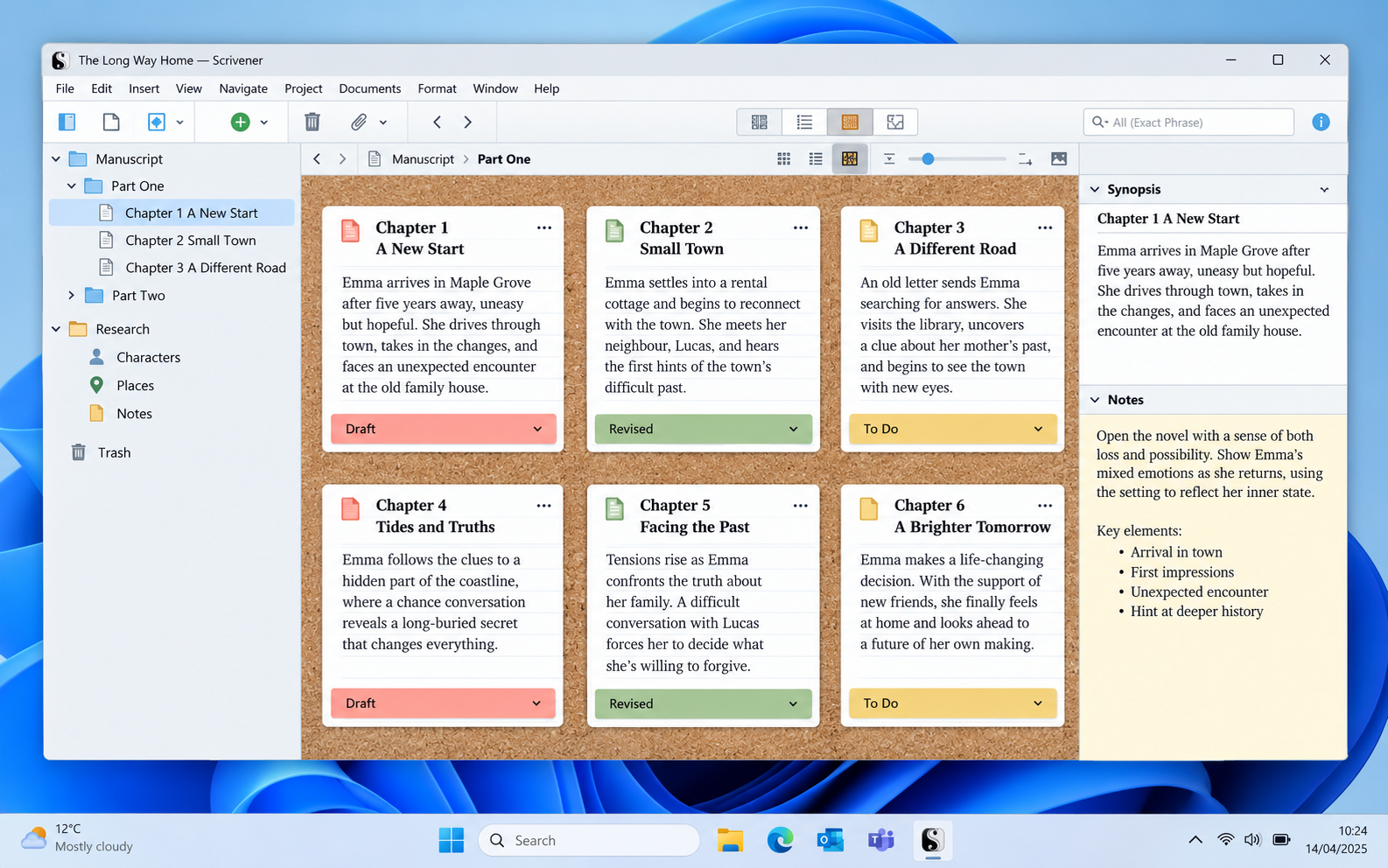 A complete book organized in the Windows Scrivener Binder and corkboard
