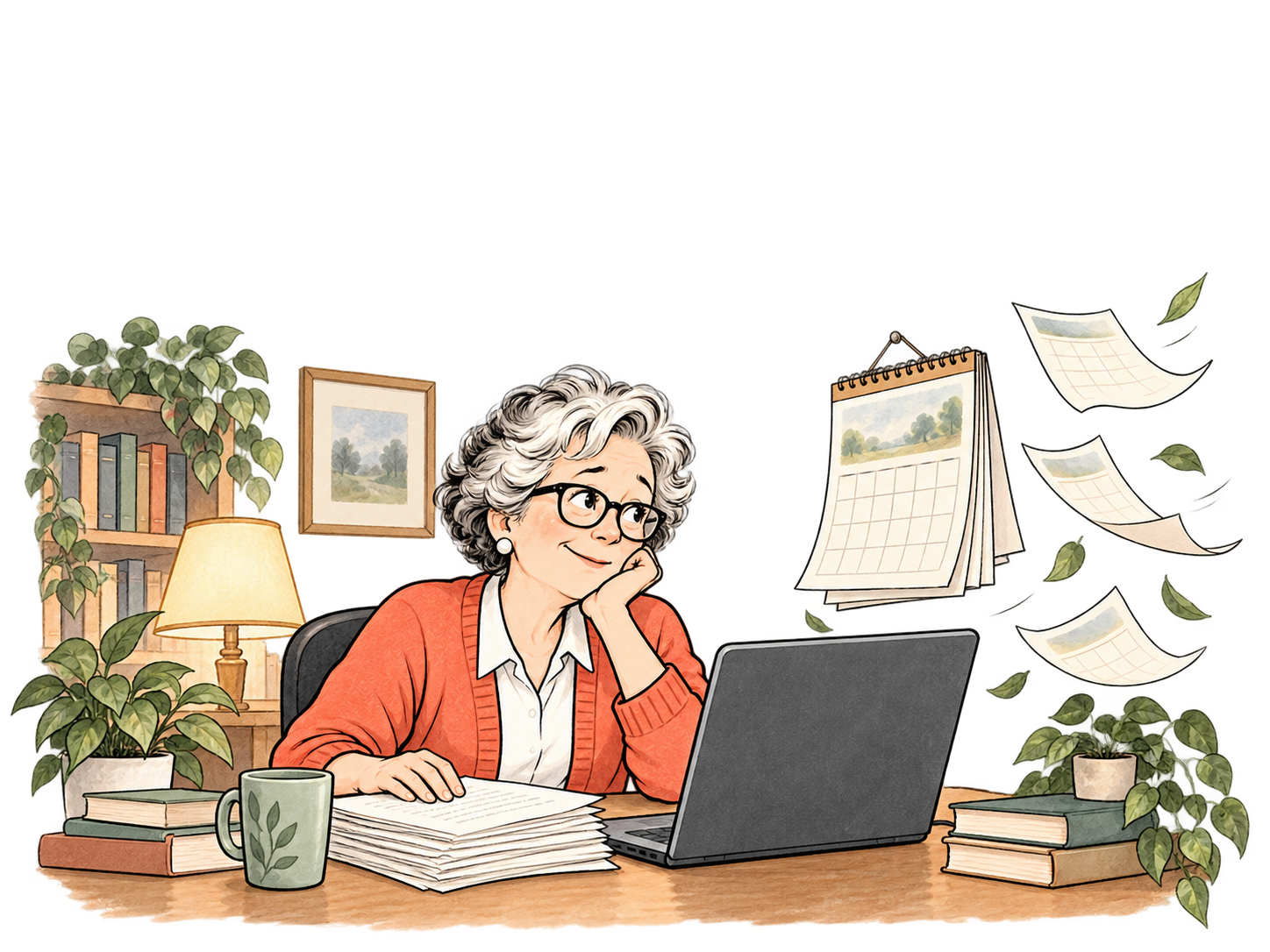 An older writer puts off learning her laptop software as calendar pages drift past.